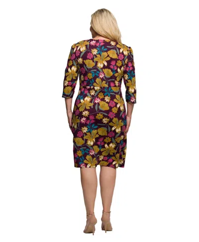 24seven Comfort Apparel Plus Size Floral Print Faux Wrap Dress In Multi