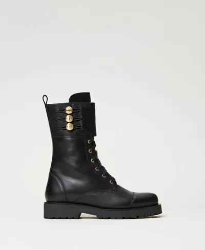 Twinset Bottines Motardes En Cuir Avec Boutons In Blue