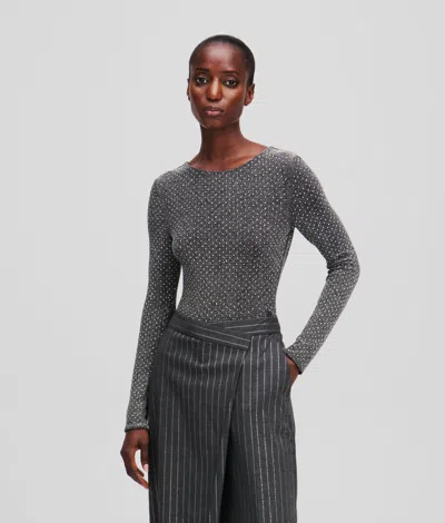 Karl Lagerfeld Metallic Rhinestone Bodysuit In Gray