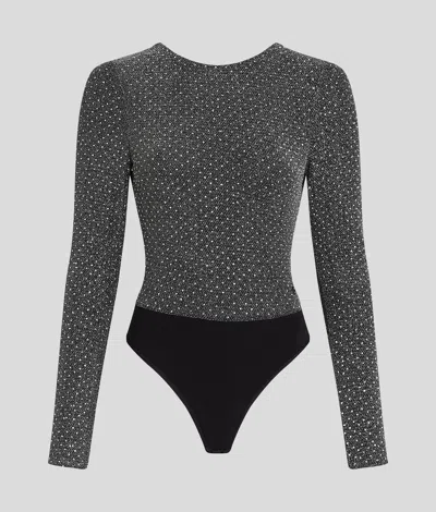 Karl Lagerfeld Metallic Rhinestone Bodysuit In Gray