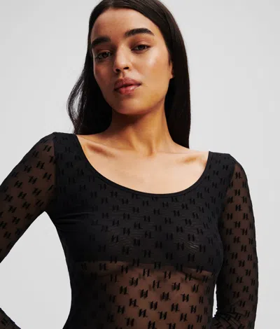 Karl Lagerfeld Monogram Long-sleeved Mesh Bodysuit In Black