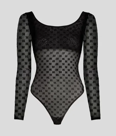 Karl Lagerfeld Monogram Long-sleeved Mesh Bodysuit In Black
