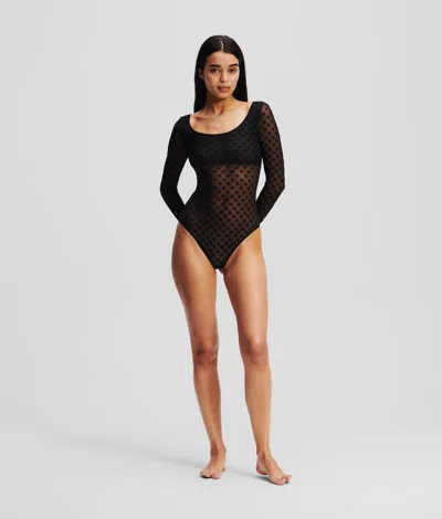 Karl Lagerfeld Monogram Long-sleeved Mesh Bodysuit In Black