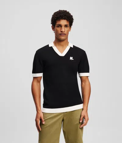 Karl Lagerfeld Monogram Knitted Polo Shirt In Black