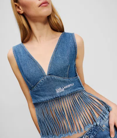Kl Jeans Fringed Denim Top In Blue