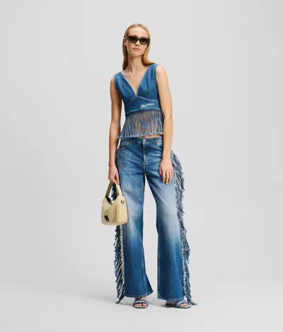 Kl Jeans Fringed Denim Top In Blue