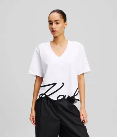 Karl Lagerfeld Signature Hem V-neck T-shirt In White