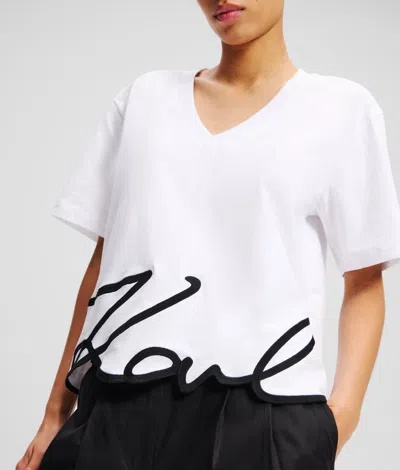 Karl Lagerfeld Signature Hem V-neck T-shirt In White