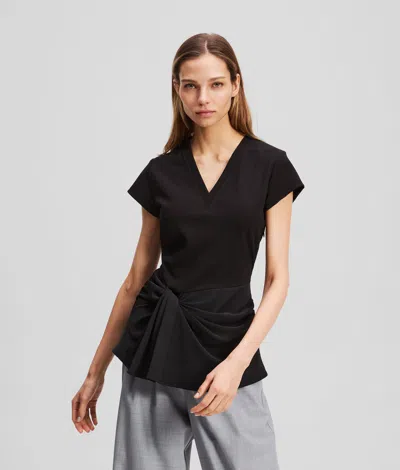 Karl Lagerfeld Fabric Mix V-neck Top In Black