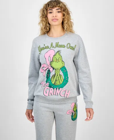 Love Tribe Juniors' The Grinch Holiday Graphic Crewneck Sweatshirt In Gray