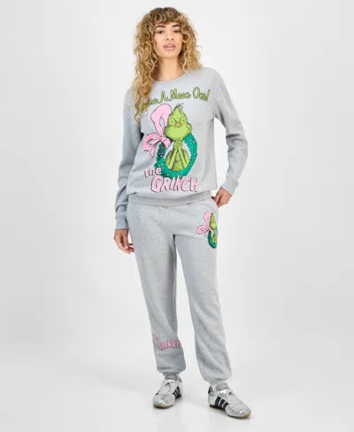 Love Tribe Juniors' The Grinch Holiday Graphic Crewneck Sweatshirt In Gray