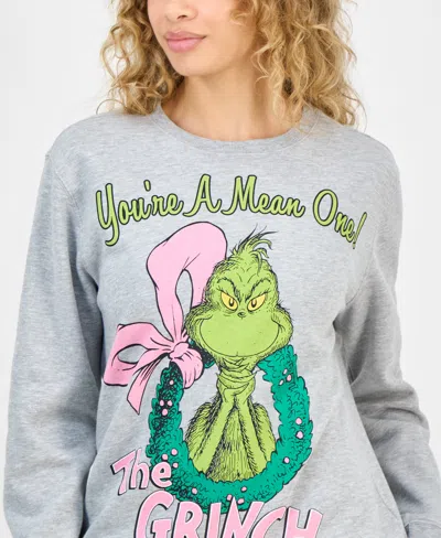 Love Tribe Juniors' The Grinch Holiday Graphic Crewneck Sweatshirt In Gray
