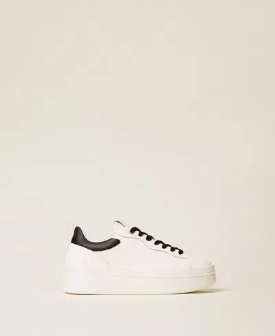 Twinset Leather Flatform Trainers With Logo In White