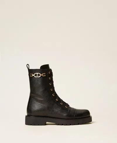 Twinset Leather Combat Boots With Chain And Oval T In Black