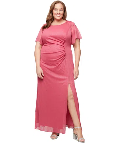 Sl Fashions Plus Size Flutter-sleeve Side-ruched Glitter Gown In Pink