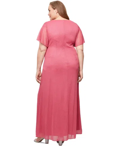 Sl Fashions Plus Size Flutter-sleeve Side-ruched Glitter Gown In Pink
