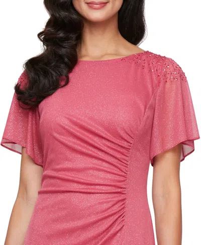 Sl Fashions Plus Size Flutter-sleeve Side-ruched Glitter Gown In Pink