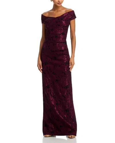 Teri Jon By Rickie Freeman Floral Stretch Jacquard Off-the-shoulder Ruched Gown In Burgundy