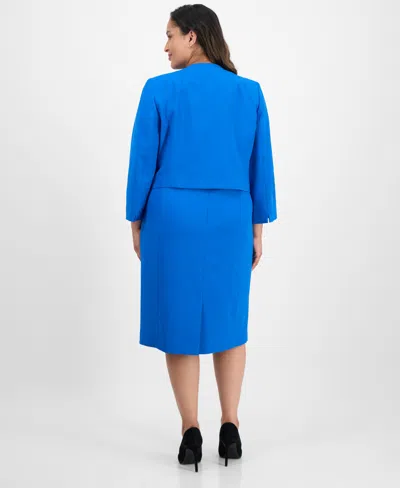 Le Suit Plus Size Open-front Collarless Jacket And Sheath Dress Suit Set In Blue