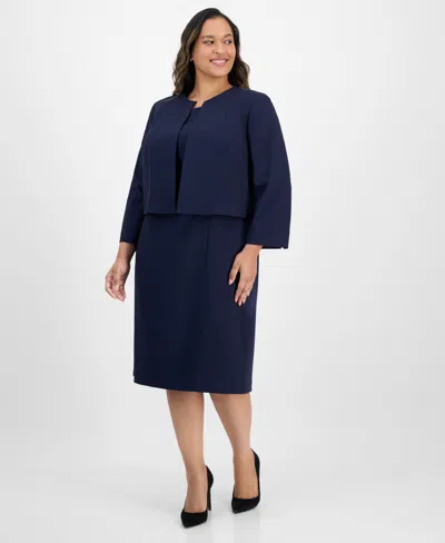 Le Suit Plus Size Open-front Collarless Jacket And Sheath Dress Suit In Blue