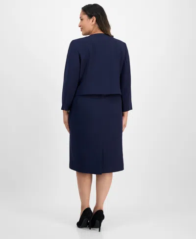 Le Suit Plus Size Open-front Collarless Jacket And Sheath Dress Suit In Blue