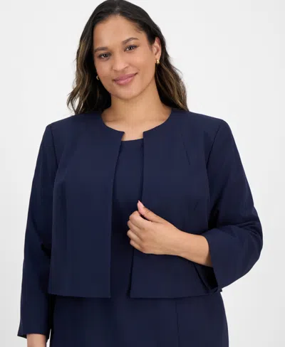 Le Suit Plus Size Open-front Collarless Jacket And Sheath Dress Suit In Blue