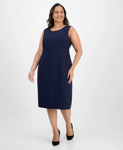 Le Suit Plus Size Open-front Collarless Jacket And Sheath Dress Suit In Blue