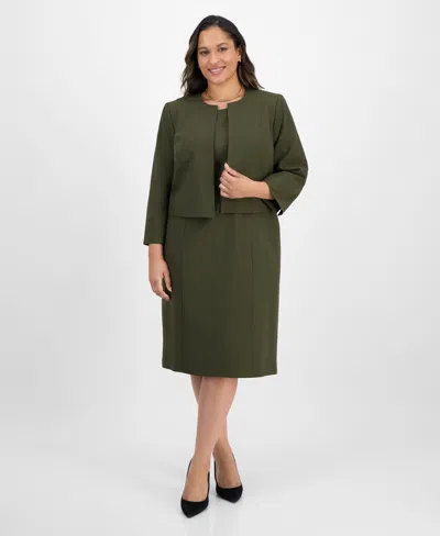 Le Suit Plus Size Open-front Collarless Jacket And Sheath Dress Suit In Green