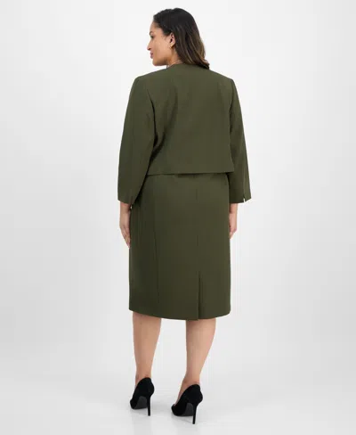Le Suit Plus Size Open-front Collarless Jacket And Sheath Dress Suit In Green