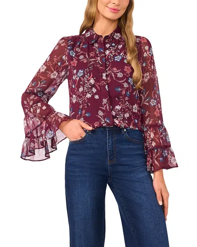 Cece Ruffle Cuff Button Down Blouse In Purple