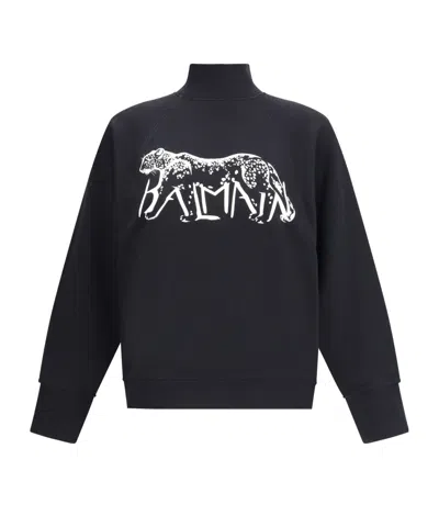 Balmain Leopard Print High-neck Sweatshirt In Black