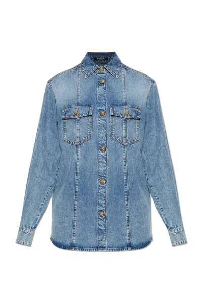 Balmain Point-collar Denim Shirt In Blue