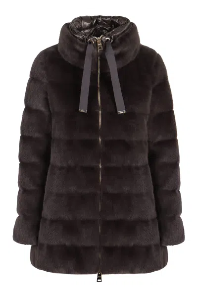 Herno Faux Fur High Neck Down Jacket In Brown
