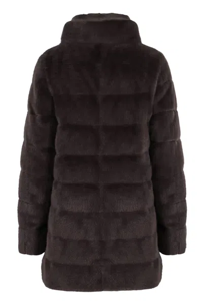Herno Faux Fur High Neck Down Jacket In Brown