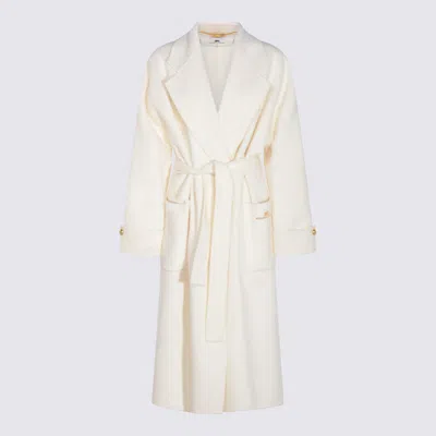 Elisabetta Franchi Long White Milk Wool Coat With Belt In Neutral