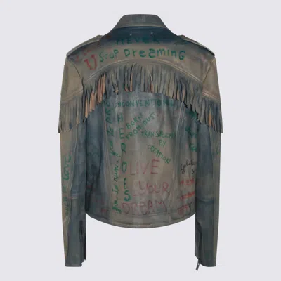 Golden Goose Stylish Leather Jacket With Fringe And Print In Blue