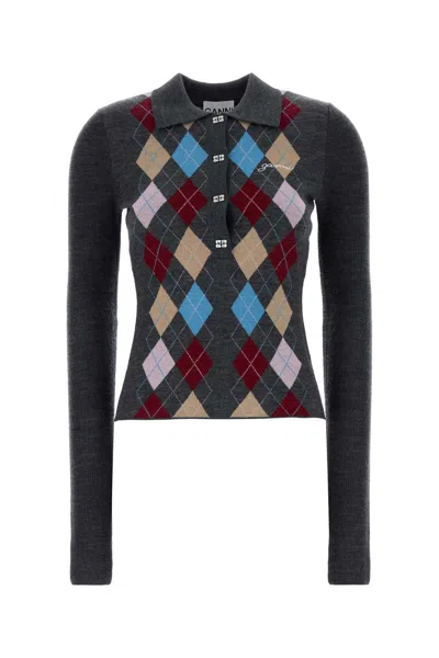 Ganni Fine Merino Wool Jacquard Knitted Polo Shirt In Gray