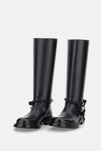 Bottega Veneta Knee High Boot Braided Strap Detail In Black