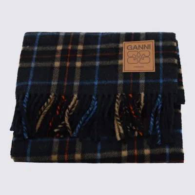 Ganni Fringed Plaid Pattern Scarf Accessory In Gray