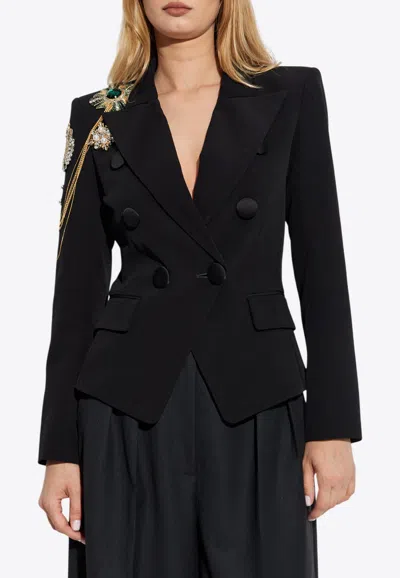 Balmain Crepe 6-buttons Jacket With Embroidered Patches In Black