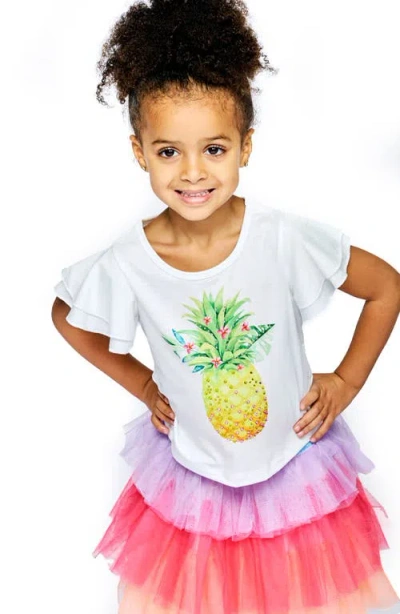 Truly Me Kids' Pineapple Embellished Flutter Sleeve T-shirt In White