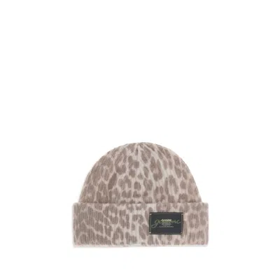 Ganni Graphic Wool Mix Printed Leopard Beanie In Brown