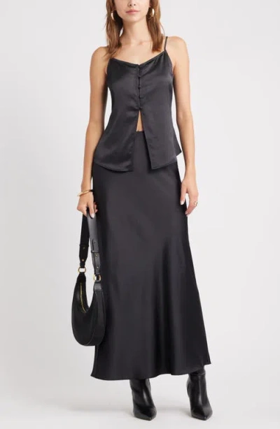 Open Edit Split Front Satin Button-up Camisole In Black
