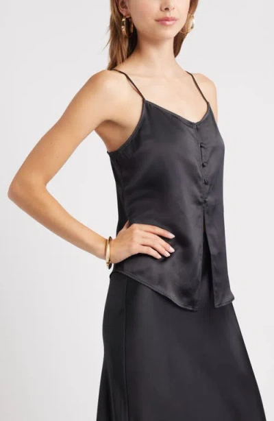 Open Edit Split Front Satin Button-up Camisole In Black