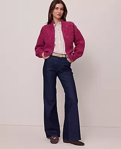 Ann Taylor Petite Weekend Collection Cable Knit Bomber Sweater Jacket In Burgundy