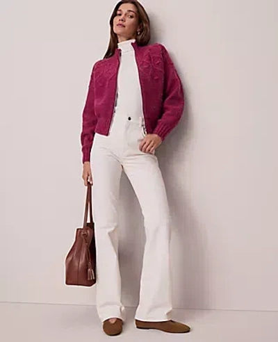 Ann Taylor Petite Weekend Collection Cable Knit Bomber Sweater Jacket In Burgundy