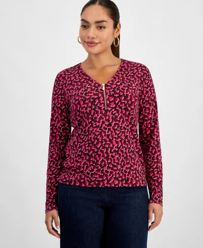 Inc International Concepts Petite Printed Zip-front Top, Macy's Exclusive In Red