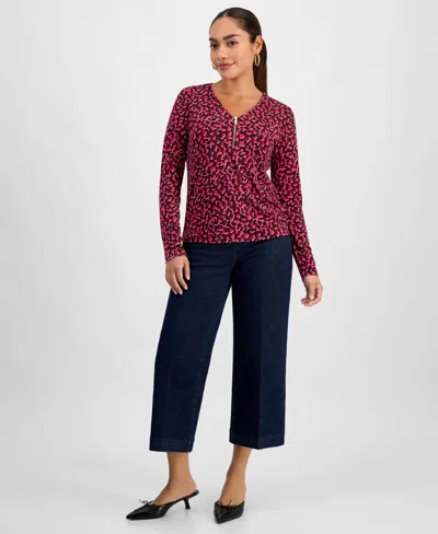 Inc International Concepts Petite Printed Zip-front Top, Macy's Exclusive In Red