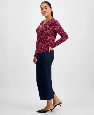 Inc International Concepts Petite Printed Zip-front Top, Macy's Exclusive In Red