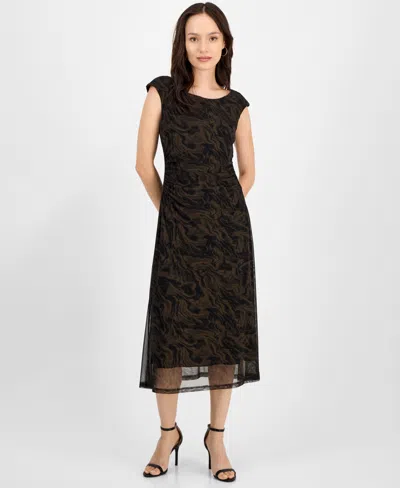 Connected Petite Printed-mesh Cap-sleeve Midi Dress In Multi
